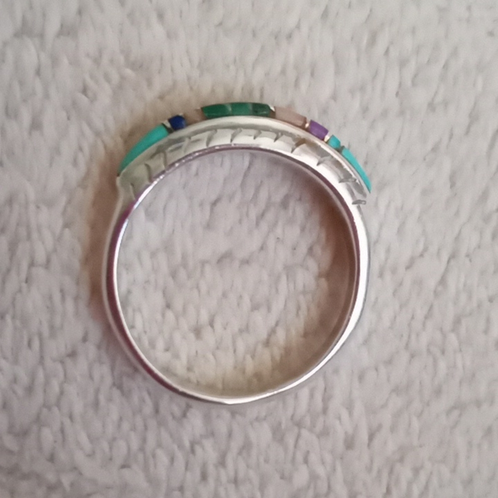 VINTAGE NATIVE AMERICAN MULTI-GEM IN LAY STERLING SILVER RING - Picture 7 of 7